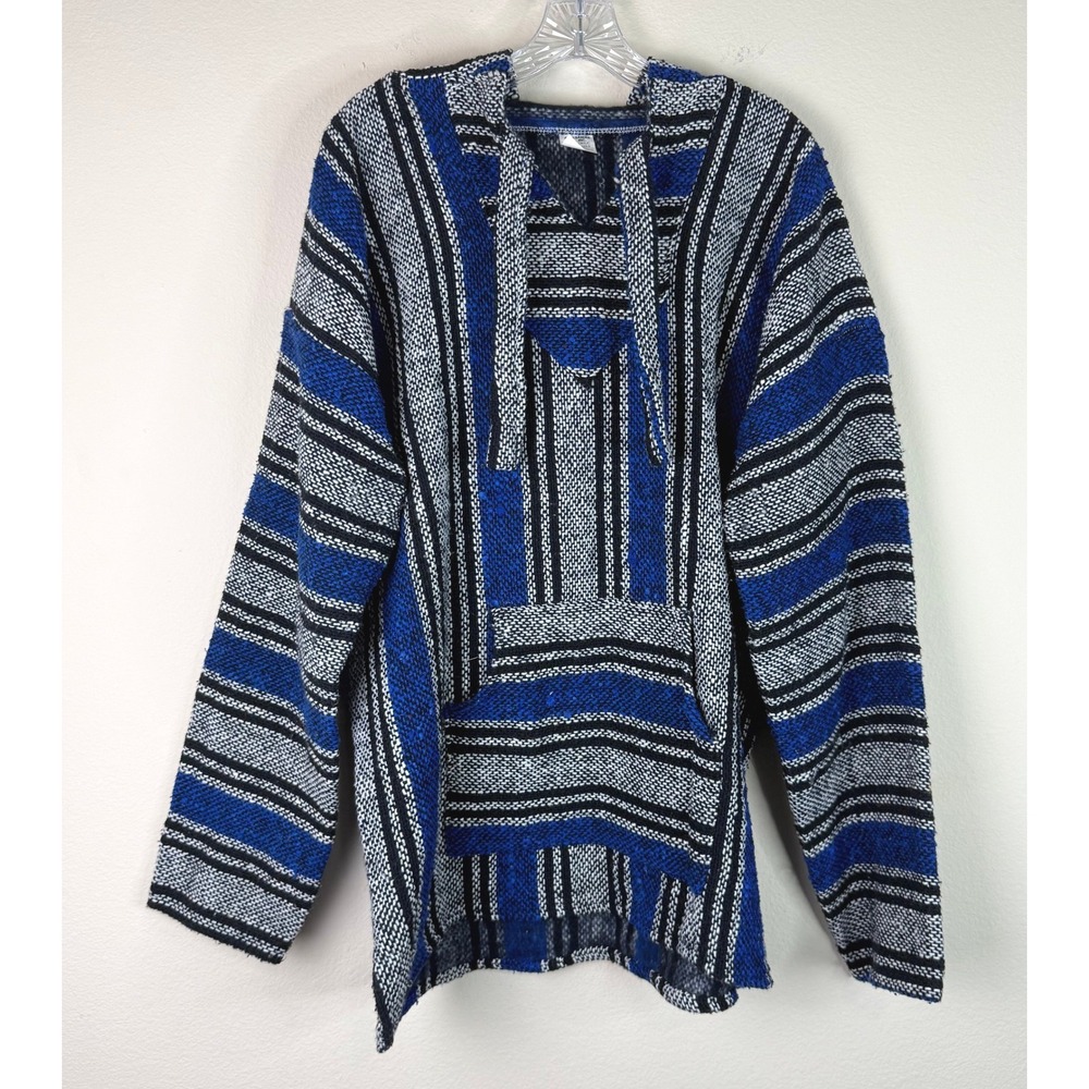 Artesanias F.R. Inc. Baja Hoodie Mens XL Blue Striped Mexican Drug Rug Pullover